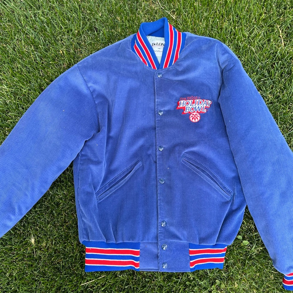 Vtg DeLONG Sea World Holiday Bowl Corduroy‎ Varsity Jacket Mens Medium Blue